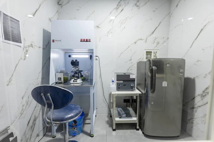 Laboratory workstation and microscope at Angel Fertility Clinic